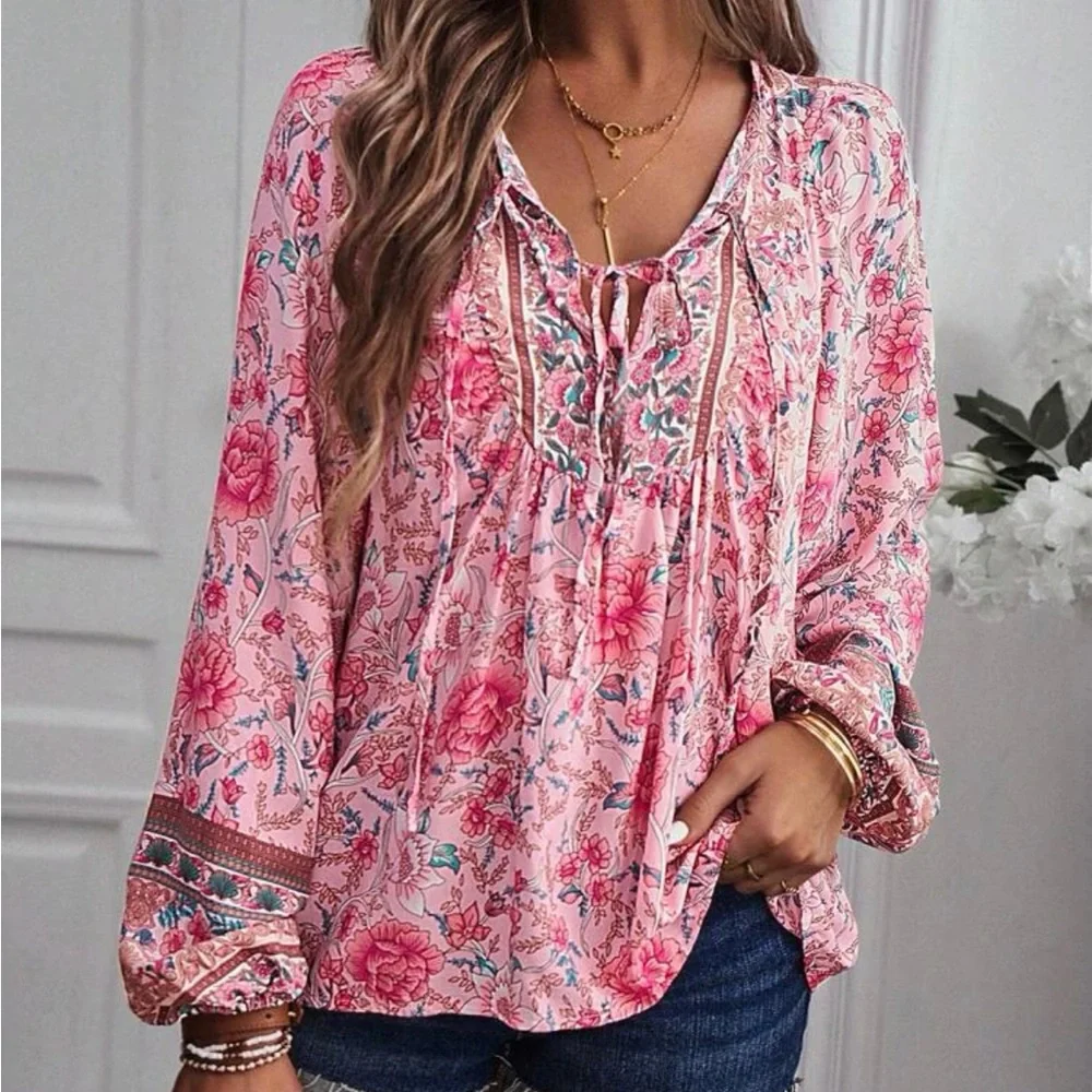 Boho Pink Floral Blouse - Picture 4 of 12